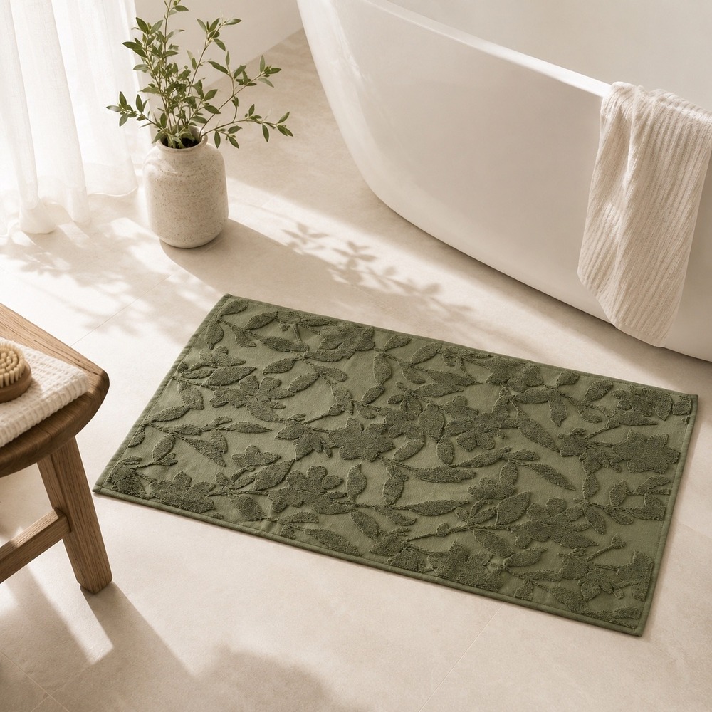Magnolia Winter Moss Green Floral Jacquard Bath Mat 100% Cotton 20x34 Rug NEW